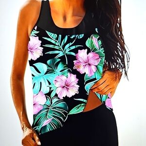 NWT Swim Suit Bright Tankini & Boyshort Floral Blouson Tummy Control Beach XL